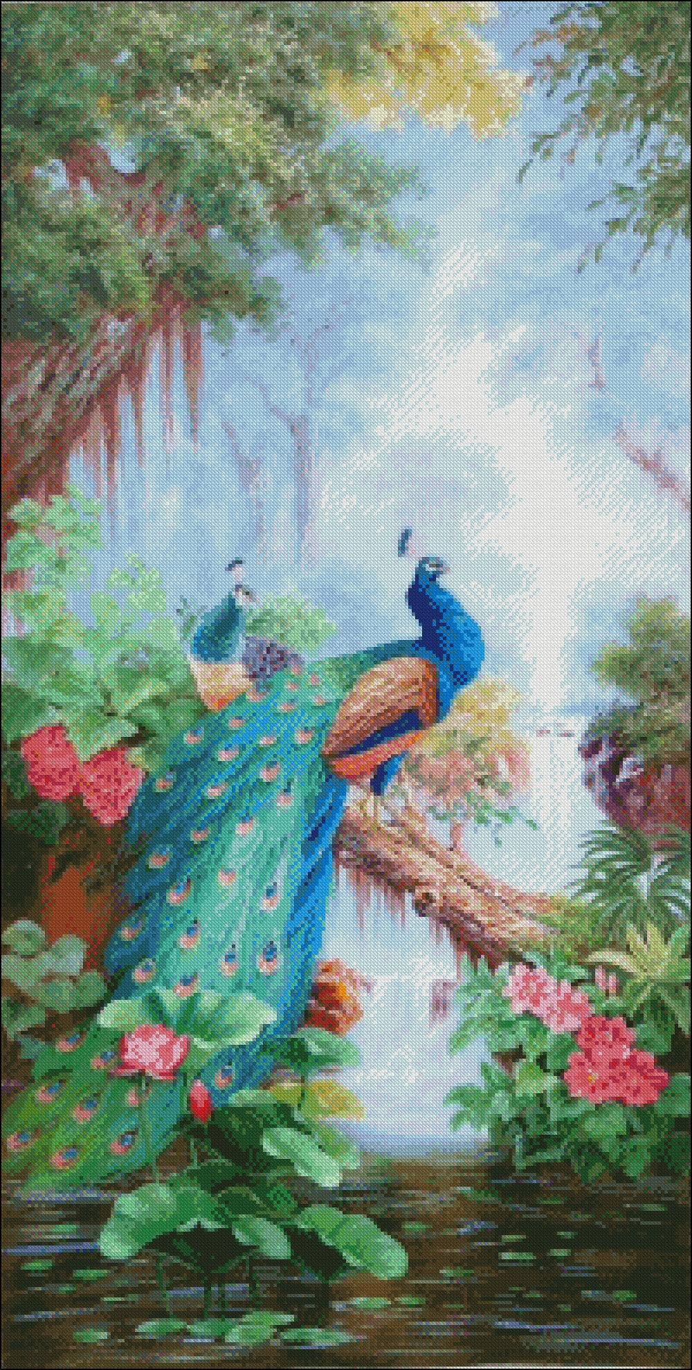 Peacock Falls 2 - Counted Cross Stitch Patterns Embroidery Crafts Needlework DIY Chart DMC Color