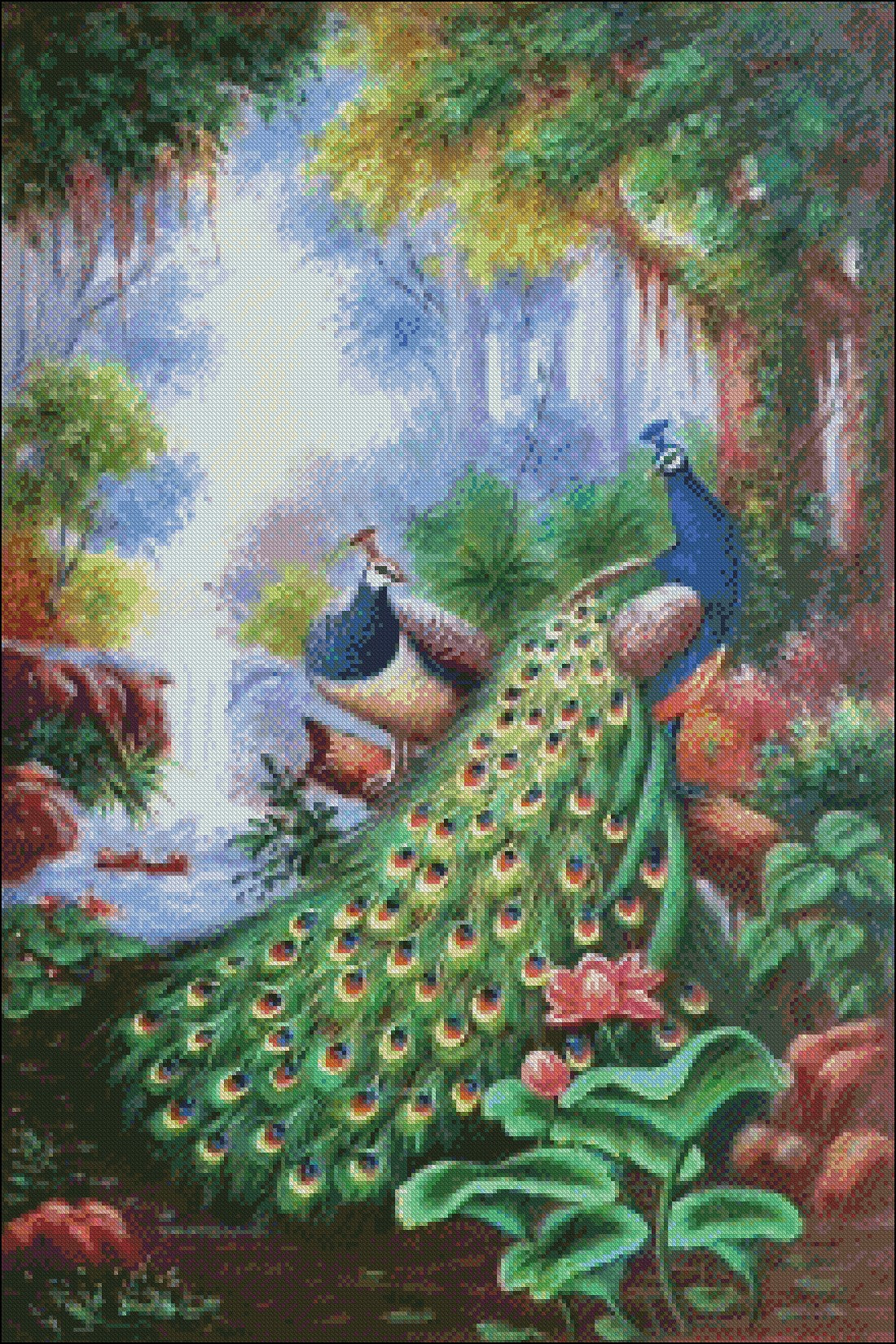Peacock in Forest 3 - Counted Cross Stitch Patterns Embroidery Crafts Needlework DIY Chart DMC Color