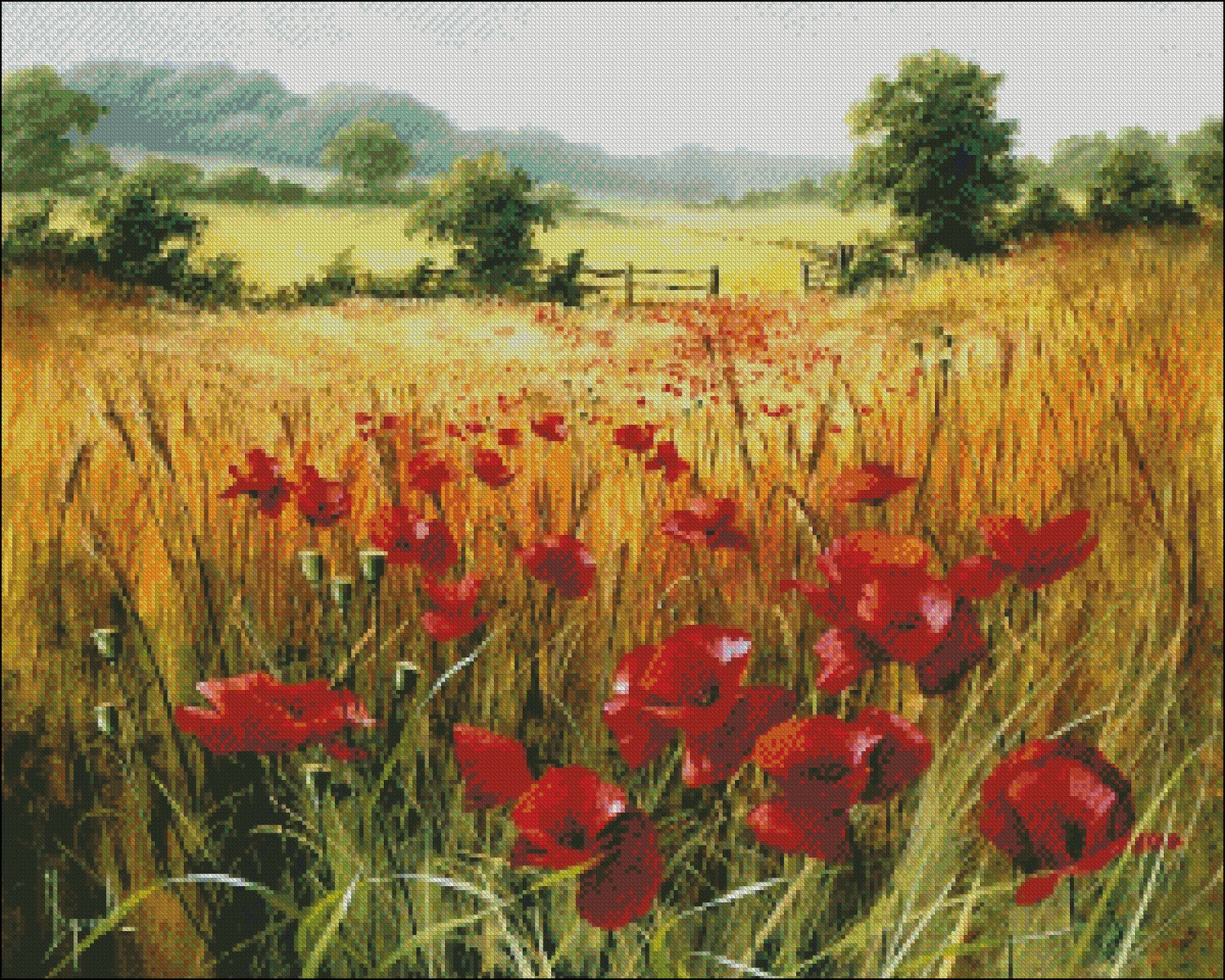 Poppies in the Field - Counted Cross Stitch Patterns Embroidery Crafts Needlework DIY Chart DMC Color