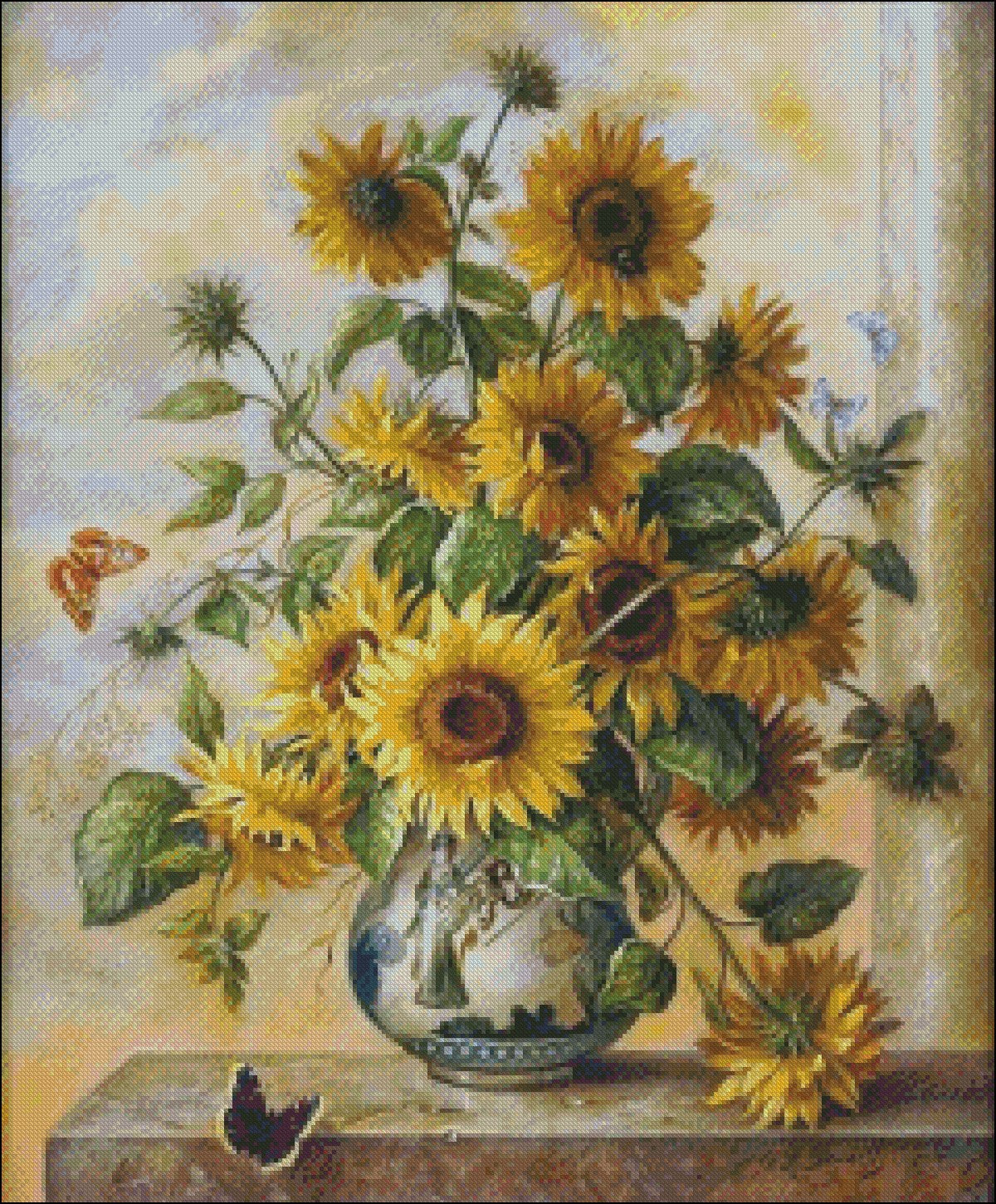 Sunflowers in Vase - Counted Cross Stitch Patterns Embroidery Crafts Needlework DIY Chart DMC Color