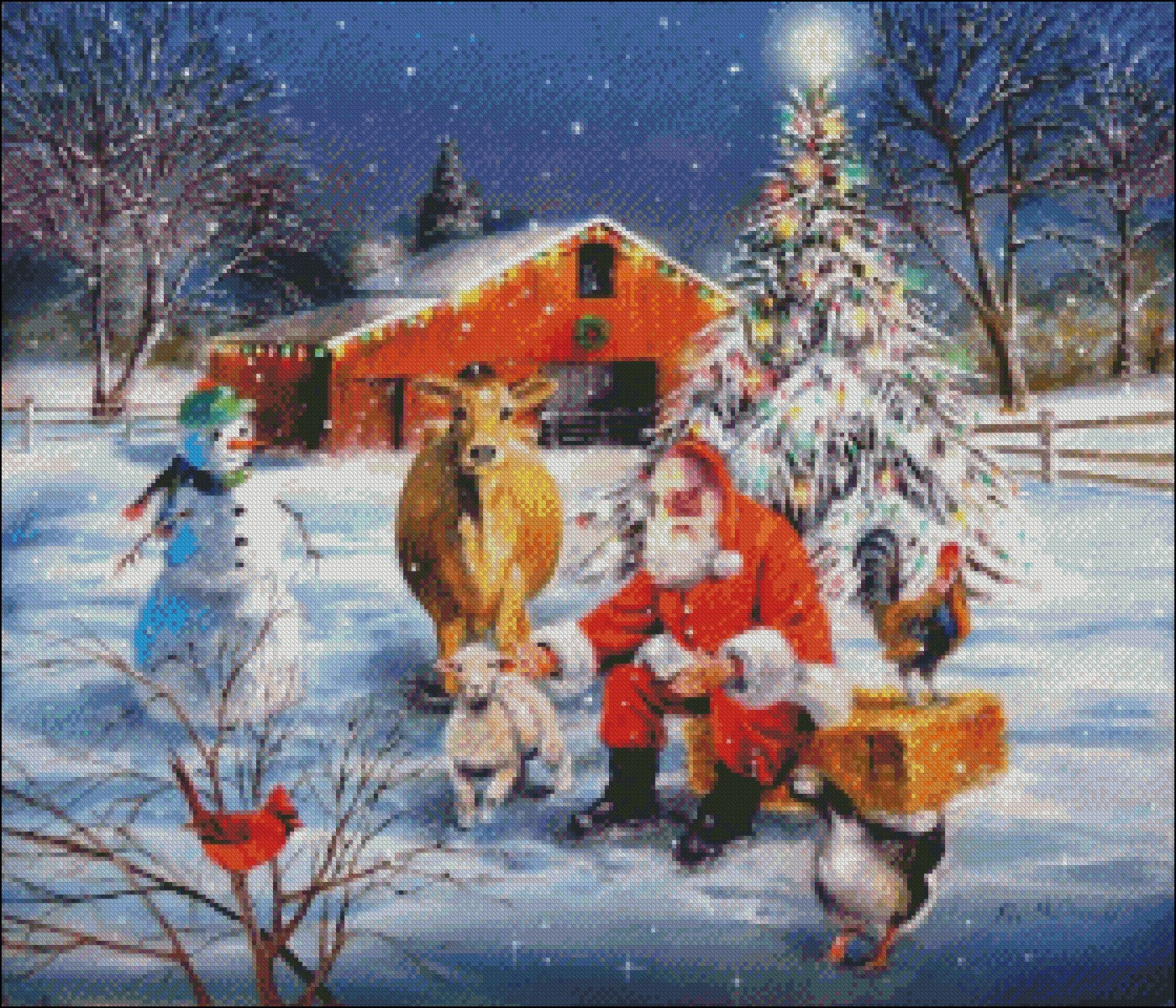 Santa at the Farm - Counted Cross Stitch Patterns Embroidery Crafts Needlework DIY Chart DMC Color