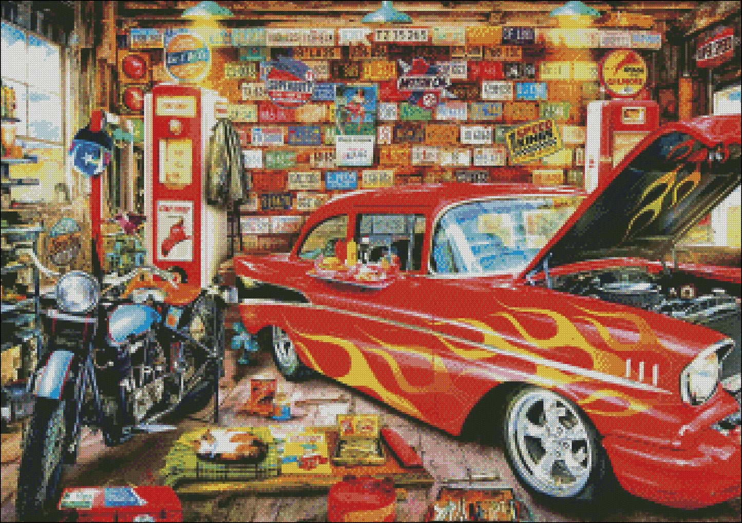 Retro Garage - Counted Cross Stitch Patterns Embroidery Crafts Needlework DIY Chart DMC Color
