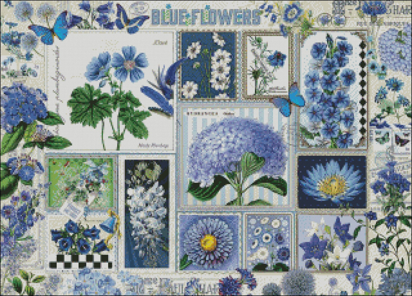Blue Flowers - Counted Cross Stitch Patterns Embroidery Crafts Needlework DIY Chart DMC Color