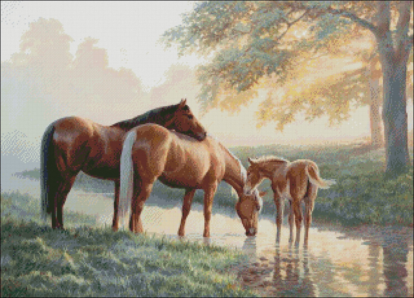 Horses in Morning - Counted Cross Stitch Patterns Embroidery Crafts Needlework DIY Chart DMC Color