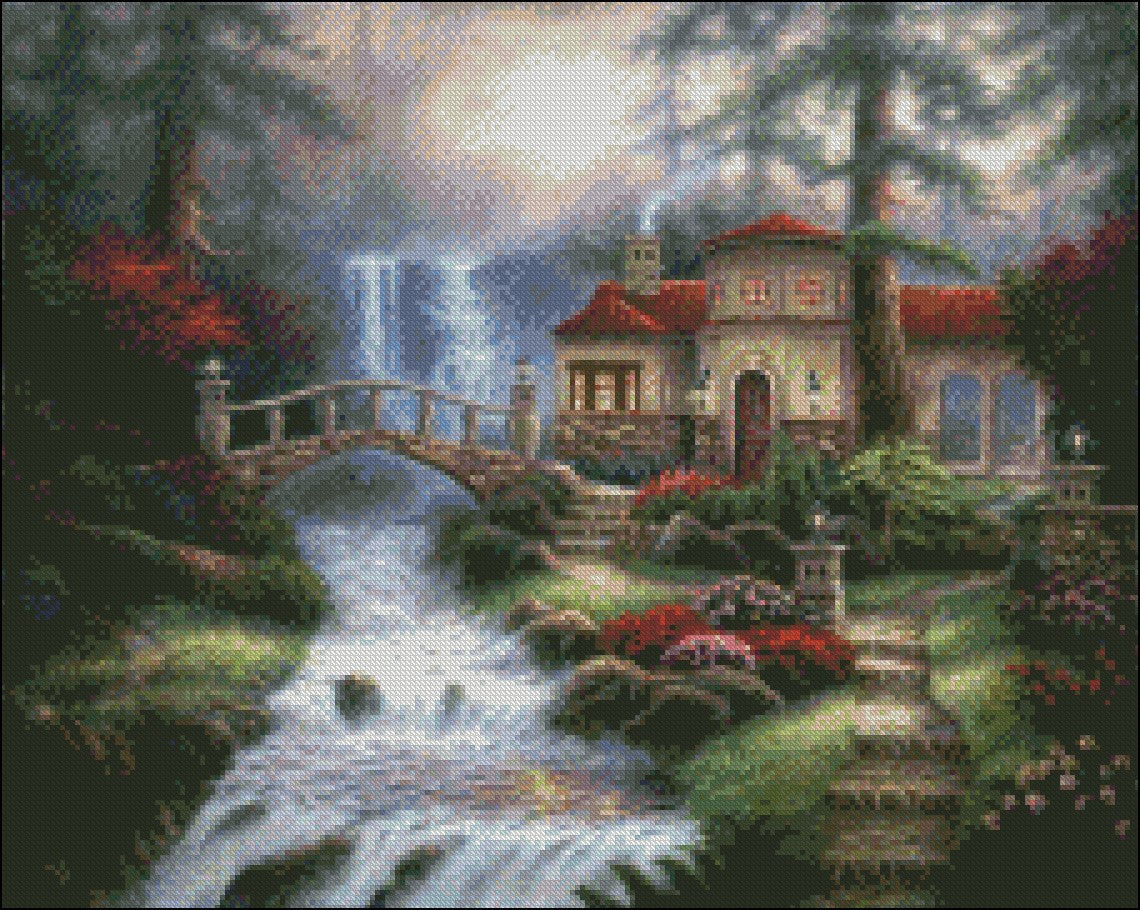 Sierra River Falls - Counted Cross Stitch Patterns Embroidery Crafts Needlework DIY Chart DMC Color