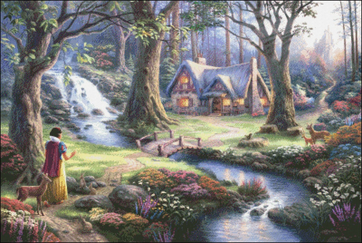 Snow White Discovers the Cottage - Counted Cross Stitch Patterns Embroidery Crafts Needlework DIY Chart DMC Color