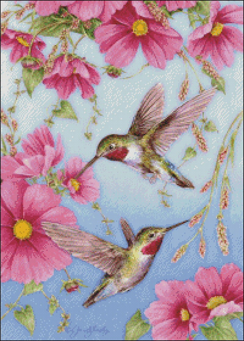 Hummingbirds with Pink - Counted Cross Stitch Patterns Embroidery Crafts Needlework DIY Chart DMC Color
