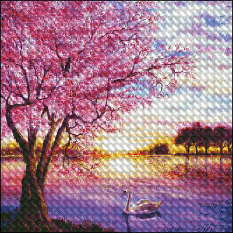 Pink Scene - Counted Cross Stitch Patterns Embroidery Crafts Needlework DIY Chart DMC Color
