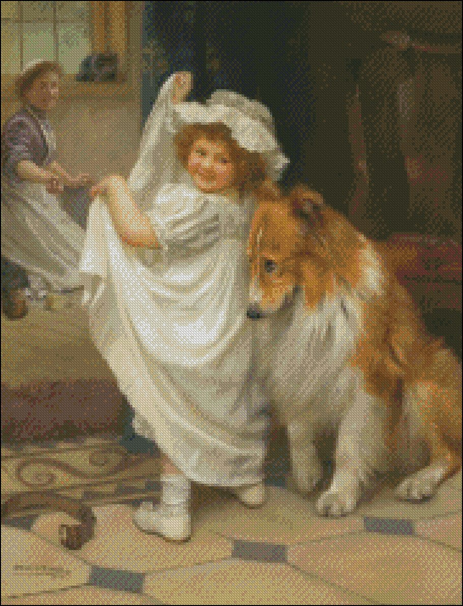 Girl with Puppy 1 - Counted Cross Stitch Patterns Embroidery Crafts Needlework DIY Chart DMC Color