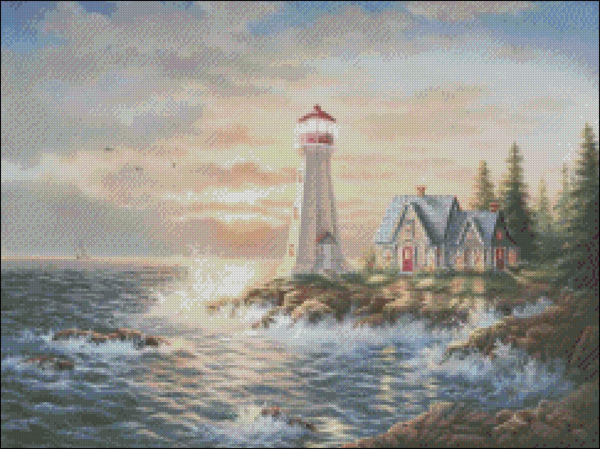 Lighthouse Evening - Counted Cross Stitch Patterns Embroidery Crafts Needlework DIY Chart DMC Color