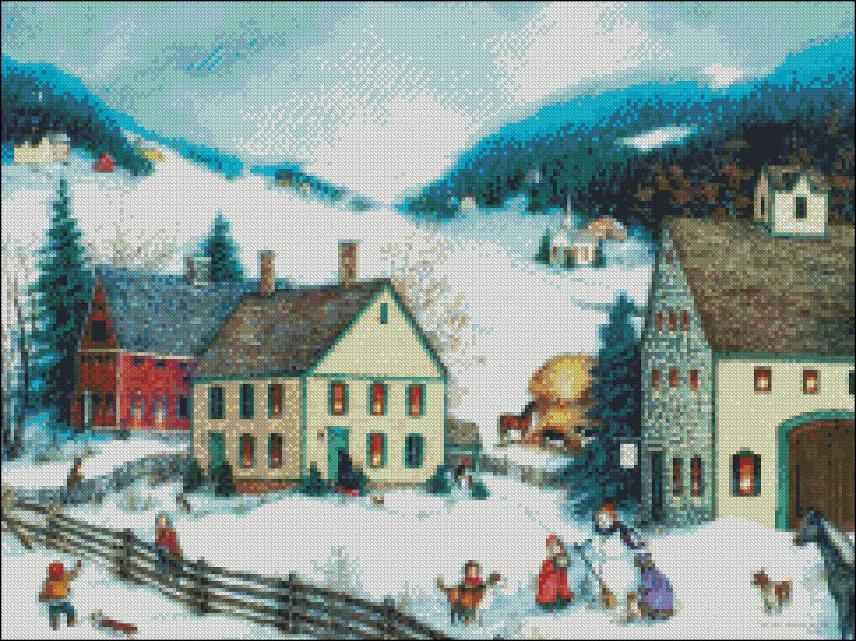 Winter Fun in Village - Counted Cross Stitch Patterns Embroidery Crafts Needlework DIY Chart DMC Color