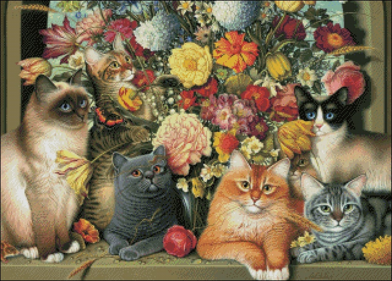 Bouquet Cats - Counted Cross Stitch Patterns Embroidery Crafts Needlework DIY Chart DMC Color