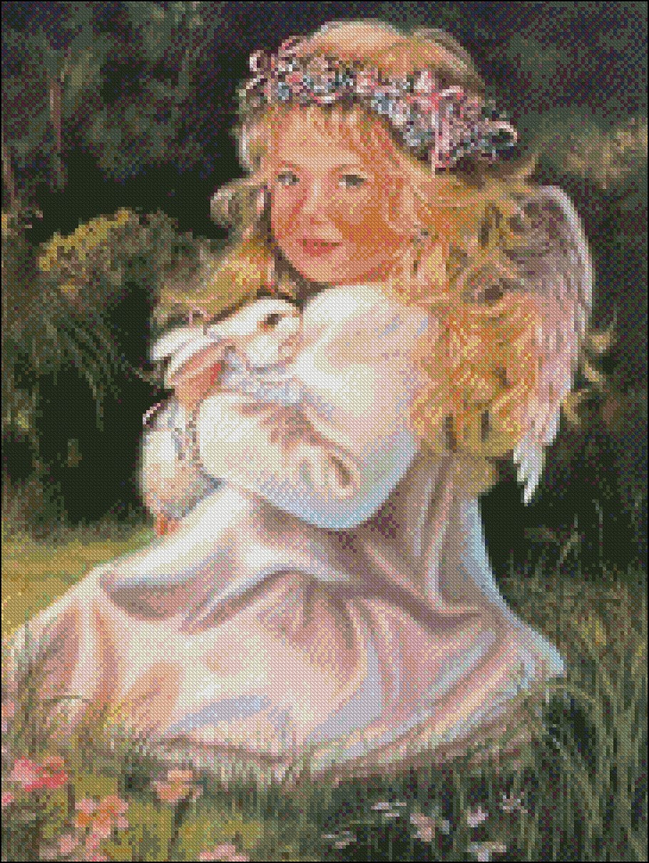 Angel with Bunny - Counted Cross Stitch Patterns Embroidery Crafts Needlework DIY Chart DMC Color