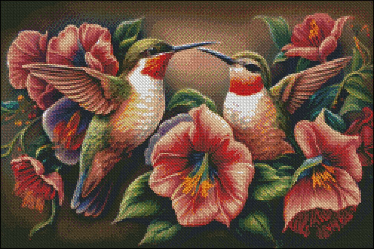 Hummingbirds Morning Glories - Counted Cross Stitch Patterns Embroidery Crafts Needlework DIY Chart DMC Color