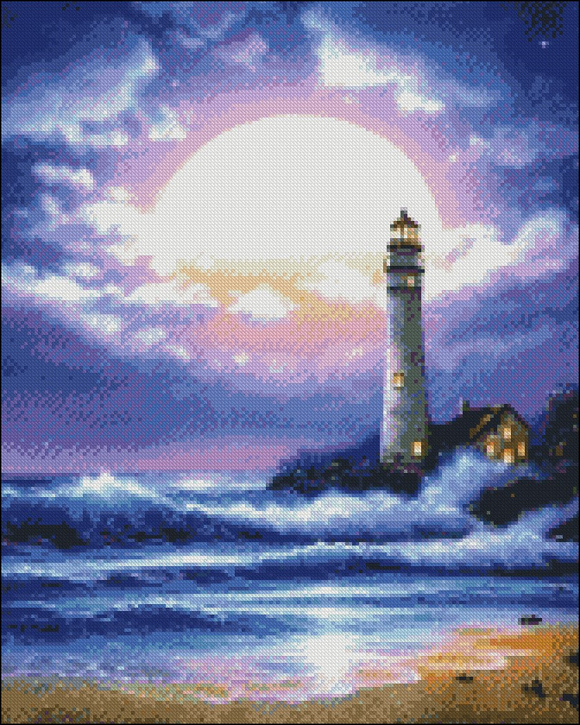 Lighthouse and Large Moon - Counted Cross Stitch Patterns Embroidery Crafts Needlework DIY Chart DMC Color