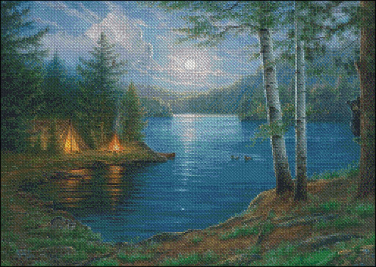 Night on the Lake - Counted Cross Stitch Patterns Embroidery Crafts Needlework DIY Chart DMC Color