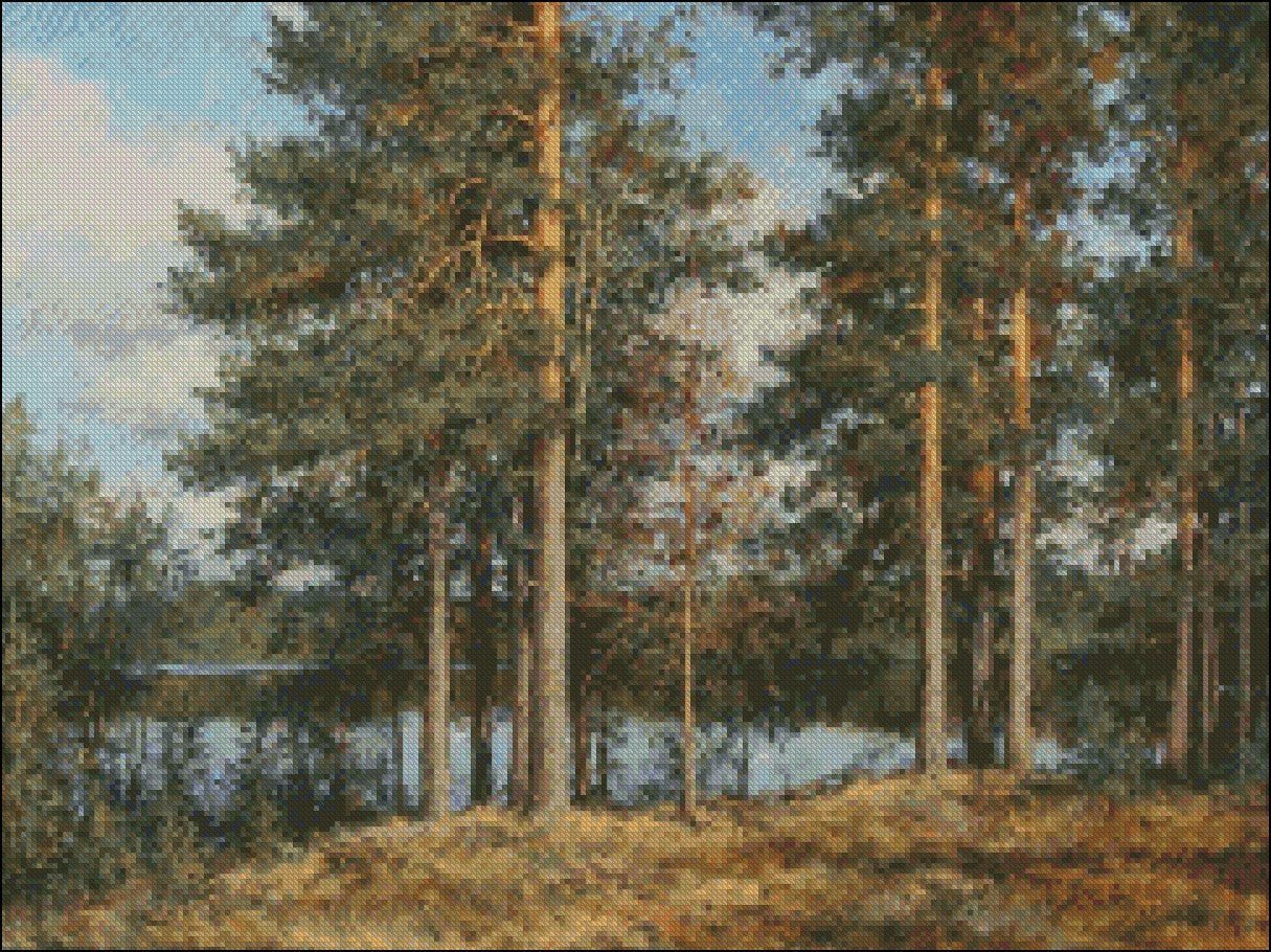 Pines by the River - Counted Cross Stitch Patterns Embroidery Crafts Needlework DIY Chart DMC Color