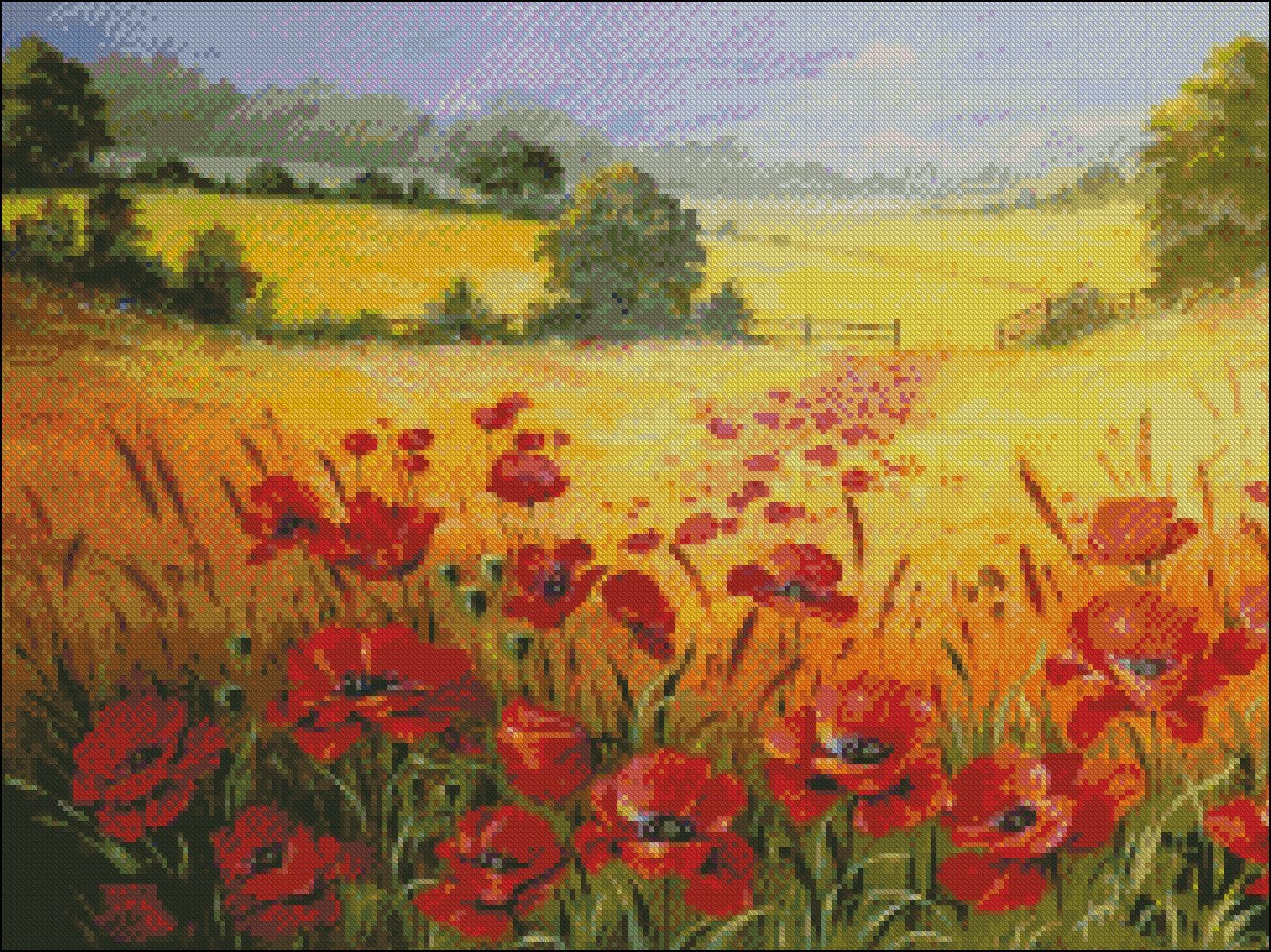 Poppies Field 9 - Counted Cross Stitch Patterns Embroidery Crafts Needlework DIY Chart DMC Color