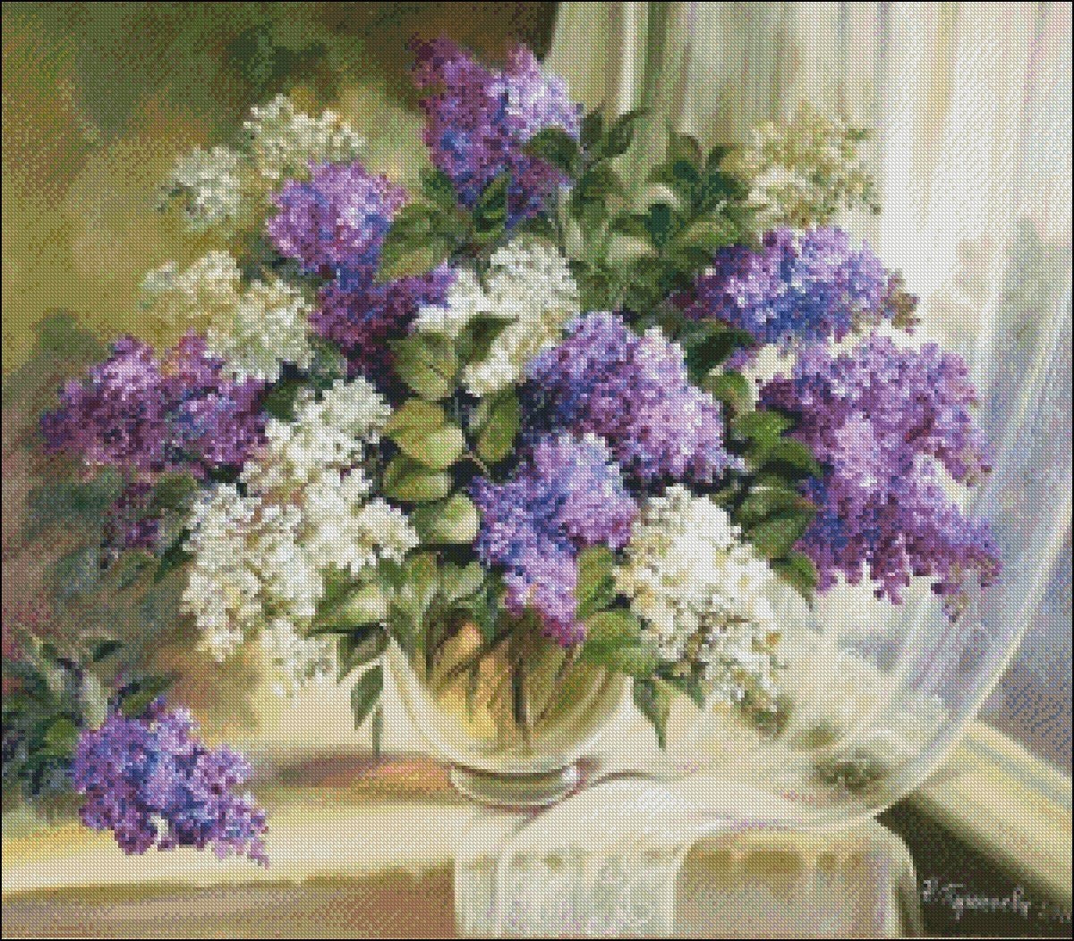 Curtain with Lilac - Counted Cross Stitch Patterns Embroidery Crafts Needlework DIY Chart DMC Color