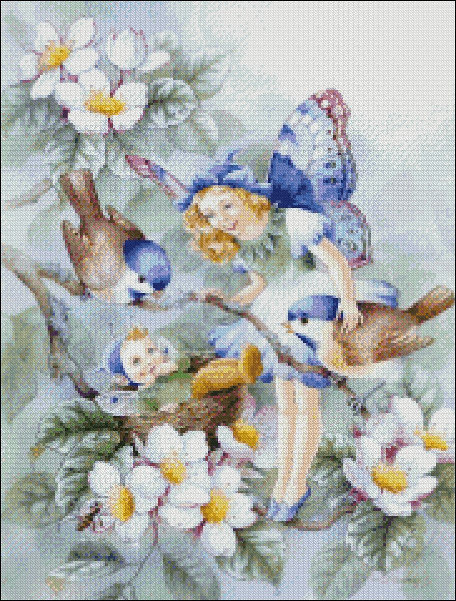 Fairy with Sparrow - Counted Cross Stitch Patterns Embroidery Crafts Needlework DIY Chart DMC Color