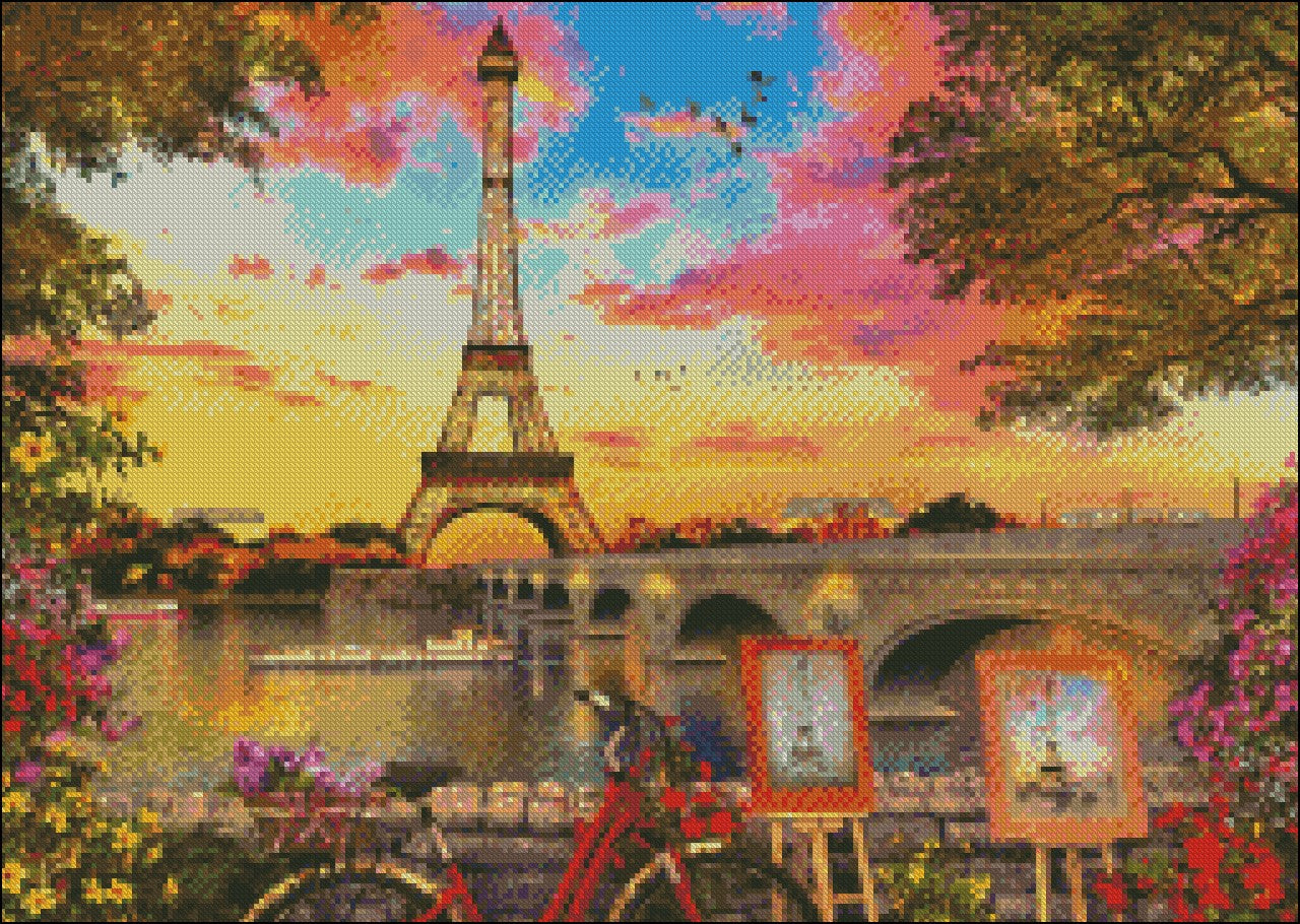 Paris at Sunset - Counted Cross Stitch Patterns Embroidery Crafts Needlework DIY Chart DMC Color