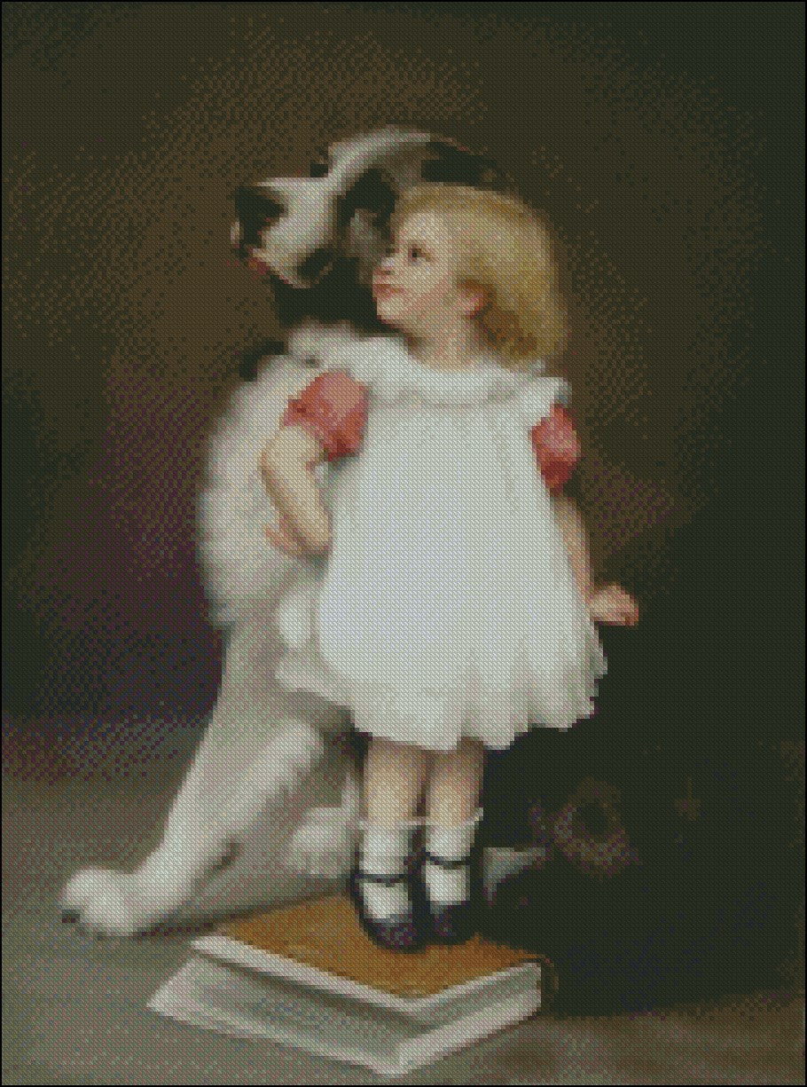 Girl with Puppy 4 - Counted Cross Stitch Patterns Embroidery Crafts Needlework DIY Chart DMC Color