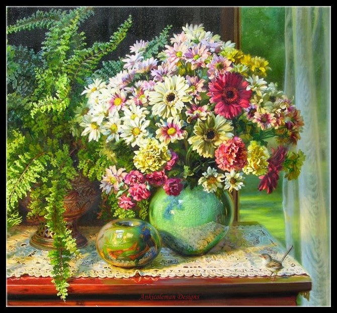 Noble Vase and Fern 1 - Counted Cross Stitch Patterns Embroidery Crafts Needlework DIY Chart DMC Color