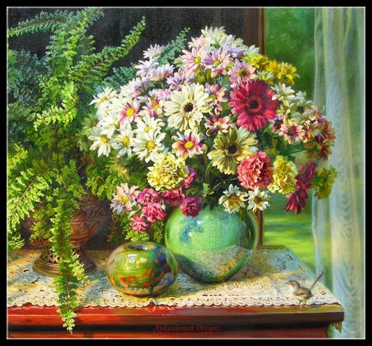 Noble Vase and Fern 1 - Counted Cross Stitch Patterns Embroidery Crafts Needlework DIY Chart DMC Color