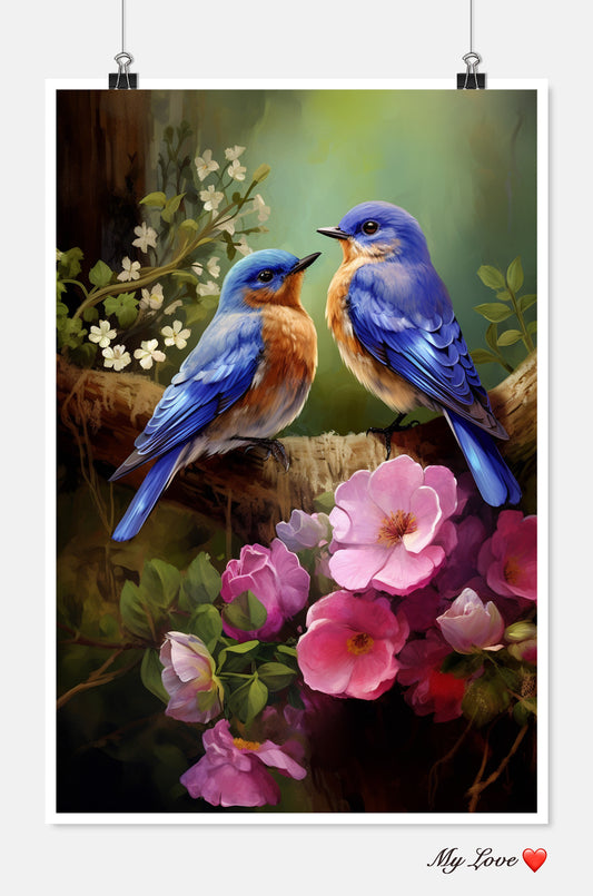 Bluebirds perched on Branch - Counted Cross Stitch Patterns Embroidery Crafts Needlework DIY Chart DMC Color