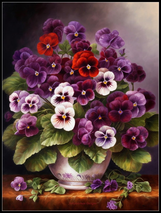 Violets in a Vase - Counted Cross Stitch Patterns Embroidery Crafts Needlework DIY Chart DMC Color