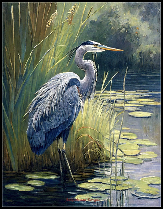 Heron at Monet's Pond - Counted Cross Stitch Patterns Embroidery Crafts Needlework DIY Chart DMC Color