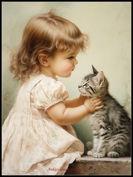Little Girl and a Kitten 2 - Counted Cross Stitch Patterns Embroidery Crafts Needlework DIY Chart DMC Color
