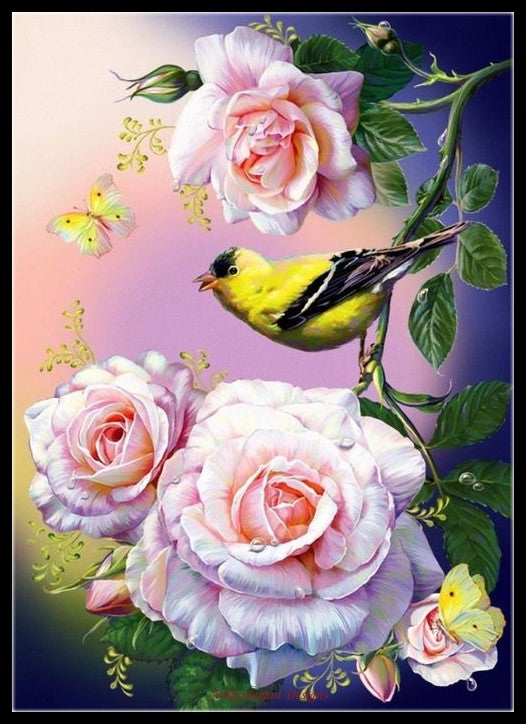 Roses and Yellow Bird - Counted Cross Stitch Patterns Embroidery Crafts Needlework DIY Chart DMC Color