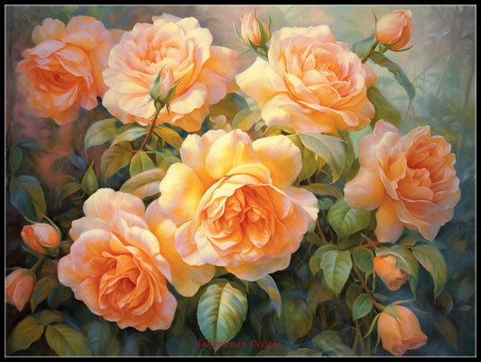 Orange Roses - Counted Cross Stitch Patterns Embroidery Crafts Needlework DIY Chart DMC Color