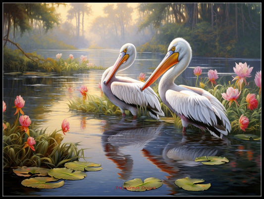 Pelicans on the Serene Lake - Counted Cross Stitch Patterns Embroidery Crafts Needlework DIY Chart DMC Color