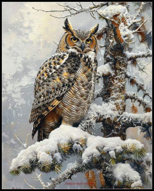 Great Horned Owl perched in Tree 2 - Counted Cross Stitch Patterns Embroidery Crafts Needlework DIY Chart DMC Color