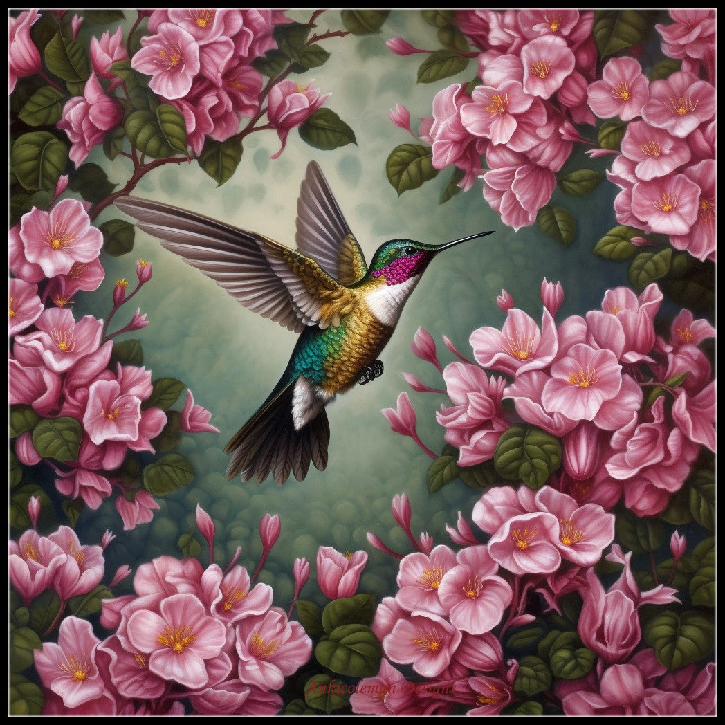 Hummingbird Flying over Flowers - Counted Cross Stitch Patterns Embroidery Crafts Needlework DIY Chart DMC Color
