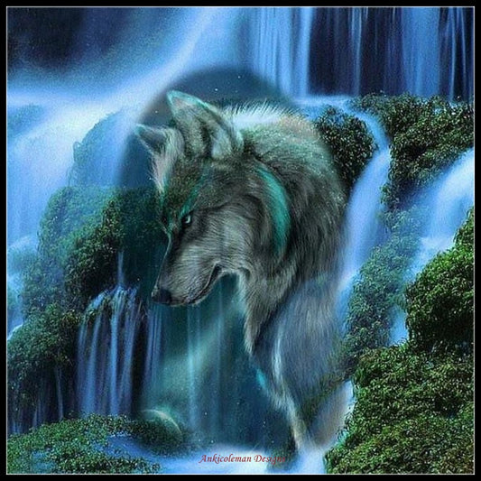 Waterfall Scenic Wolf - Counted Cross Stitch Patterns Embroidery Crafts Needlework DIY Chart DMC Color