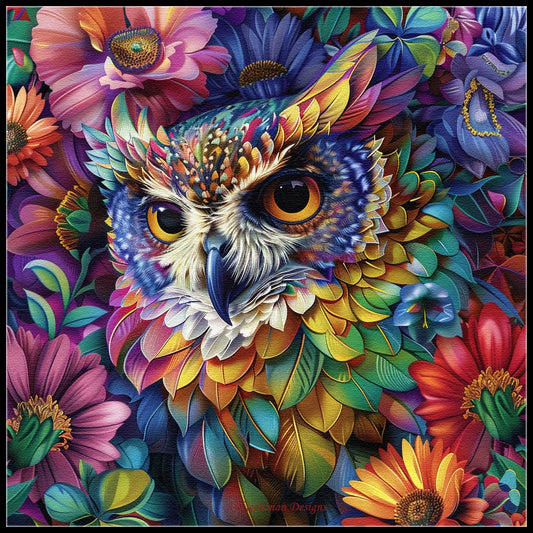Colorful Owl with Flowers 1 - Counted Cross Stitch Patterns Embroidery Crafts Needlework DIY Chart DMC Color