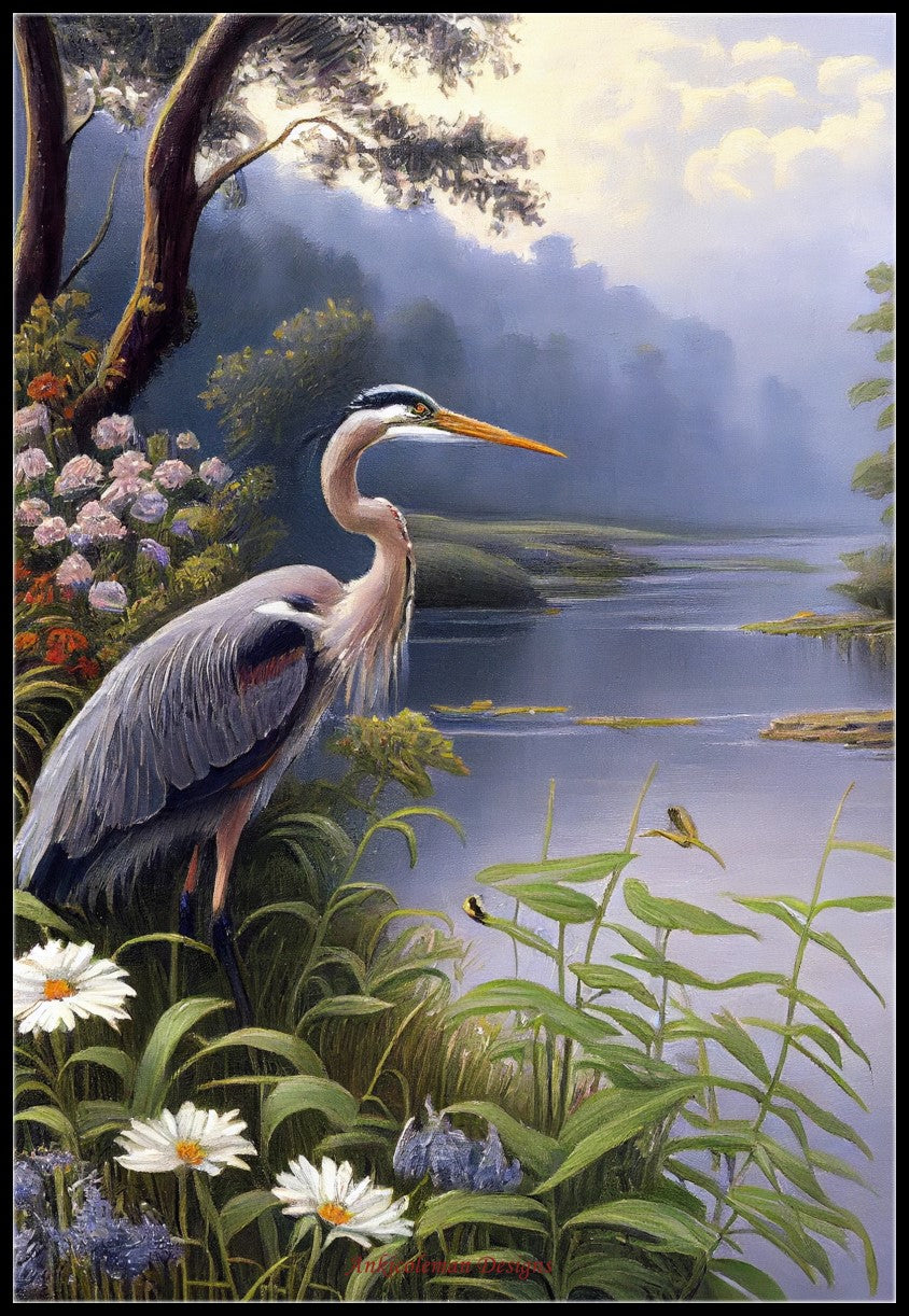 Great Blue Heron by the Water 2 - Counted Cross Stitch Patterns Embroidery Crafts Needlework DIY Chart DMC Color