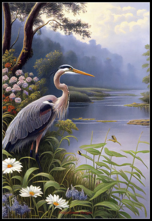 Great Blue Heron by the Water 2 - Counted Cross Stitch Patterns Embroidery Crafts Needlework DIY Chart DMC Color