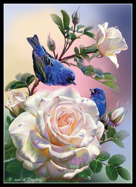 Roses and Blue Birds - Counted Cross Stitch Patterns Embroidery Crafts Needlework DIY Chart DMC Color