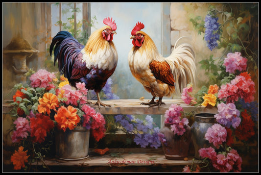 Two Chickens and Flowers - Counted Cross Stitch Patterns Embroidery Crafts Needlework DIY Chart DMC Color