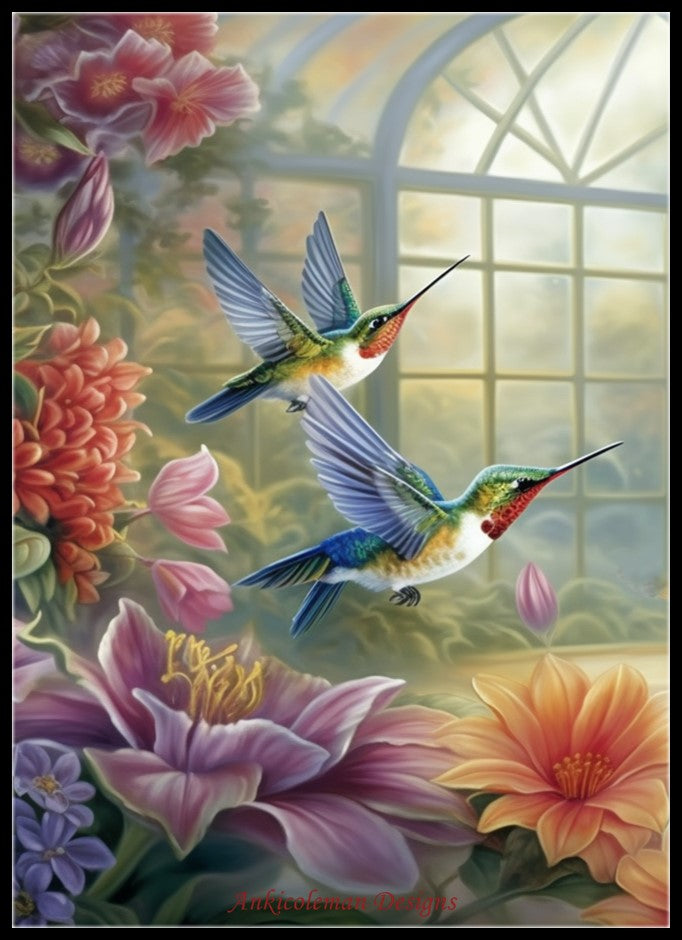 Flying Hummingbirds 1 - Counted Cross Stitch Patterns Embroidery Crafts Needlework DIY Chart DMC Color