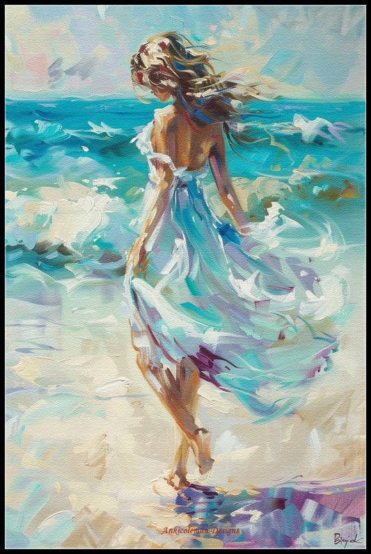 Girl on Beach - Counted Cross Stitch Patterns Embroidery Crafts Needlework DIY Chart DMC Color