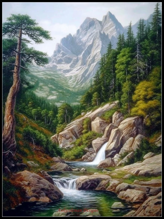 Waterfall in the Mountains 2 - Counted Cross Stitch Patterns Embroidery Crafts Needlework DIY Chart DMC Color