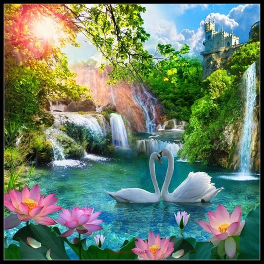 Swan Waterfall - Counted Cross Stitch Patterns Embroidery Crafts Needlework DIY Chart DMC Color