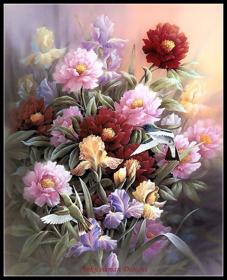 Hummingbirds with Iris - Counted Cross Stitch Patterns Embroidery Crafts Needlework DIY Chart DMC Color