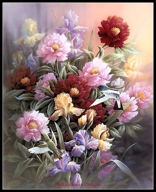 Hummingbirds with Iris - Counted Cross Stitch Patterns Embroidery Crafts Needlework DIY Chart DMC Color