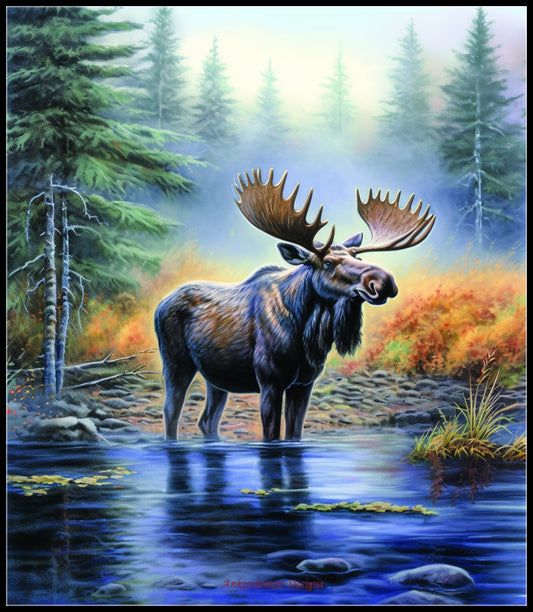 Moose in Water - Counted Cross Stitch Patterns Embroidery Crafts Needlework DIY Chart DMC Color